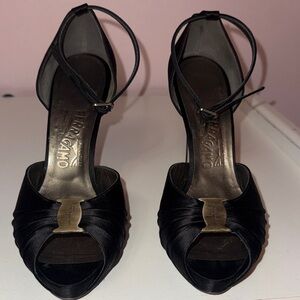 Salvatore Ferragamo Black Satin Ankle-Strap Heels Vintage